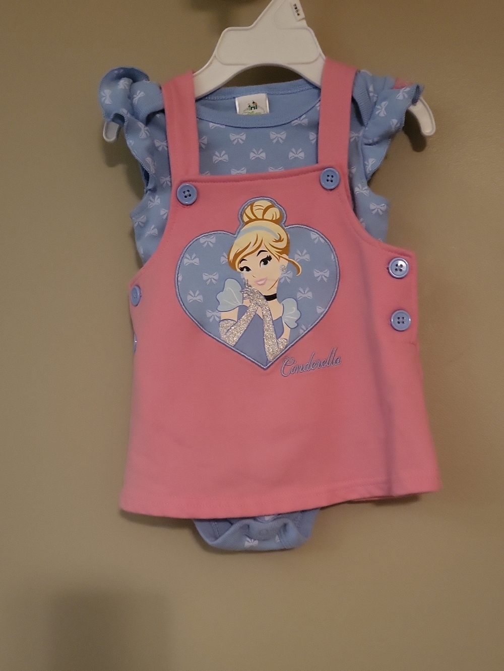 Disney Cinderella pink jumper dress with matching blue bodysuit/onesie